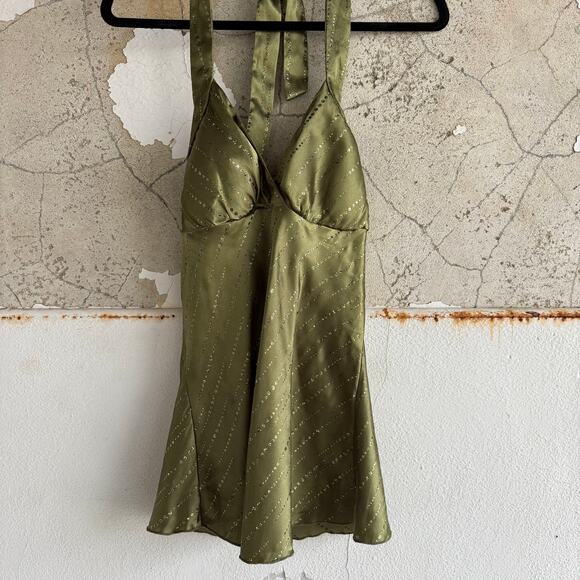 Y2K Babydoll Halter Top Olive Green Satin Swing Tank Fairycore Coquette Womens S - Picture 1 of 7